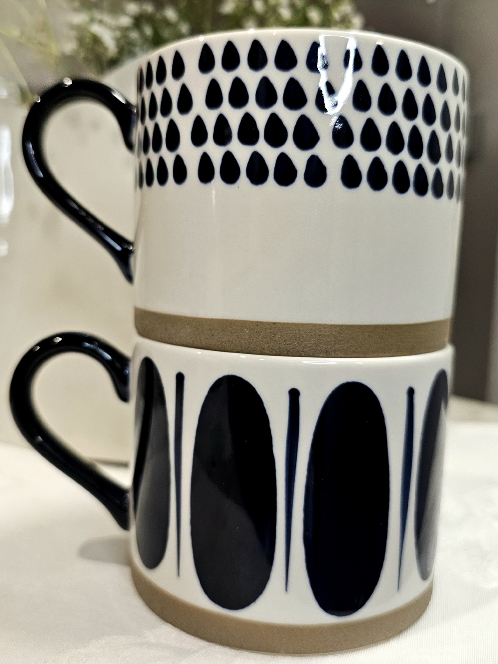 Set of 2 Earthenware Coffee Mugs Navy Blue Cream Geometric Modern Pottery